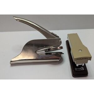 Horchow Embosser Rexel Stapler Set Vintage Chrome Tan Brown Good Office Decor